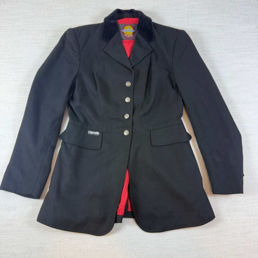 Caparello Collection Black Equestrian Show Jacket Velvet Collar Red Lining Sz 38